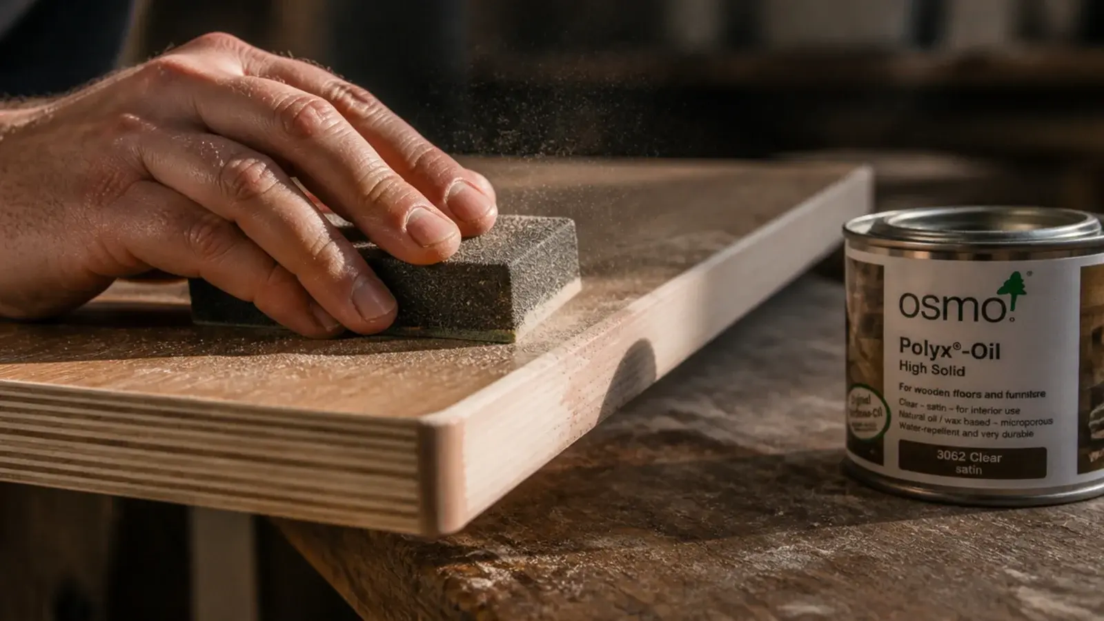 sanding block smoothing filler along a plywood panel edge