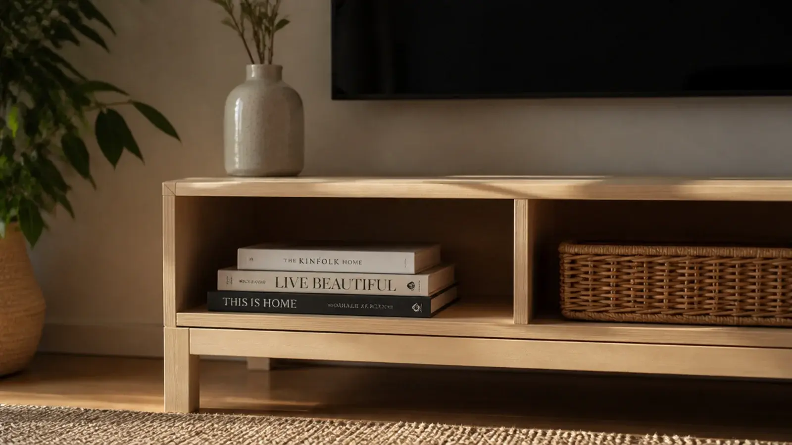 finished plywood media unit styled with books a vase and a basket