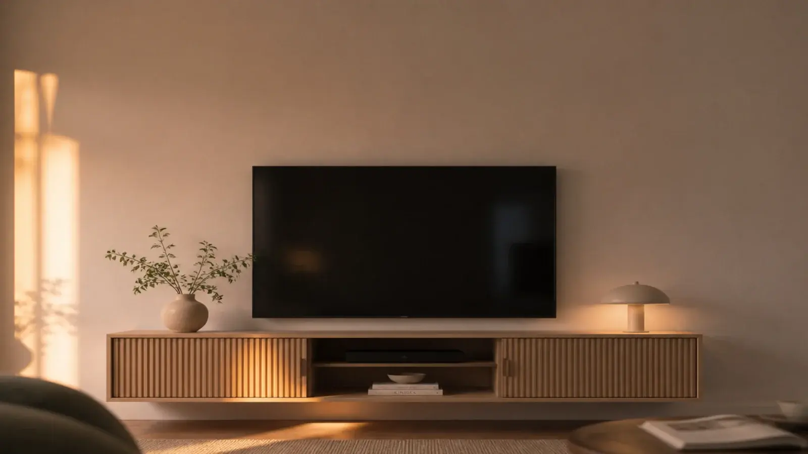 tall view of a plywood TV wall unit with slatted doors and open shelf