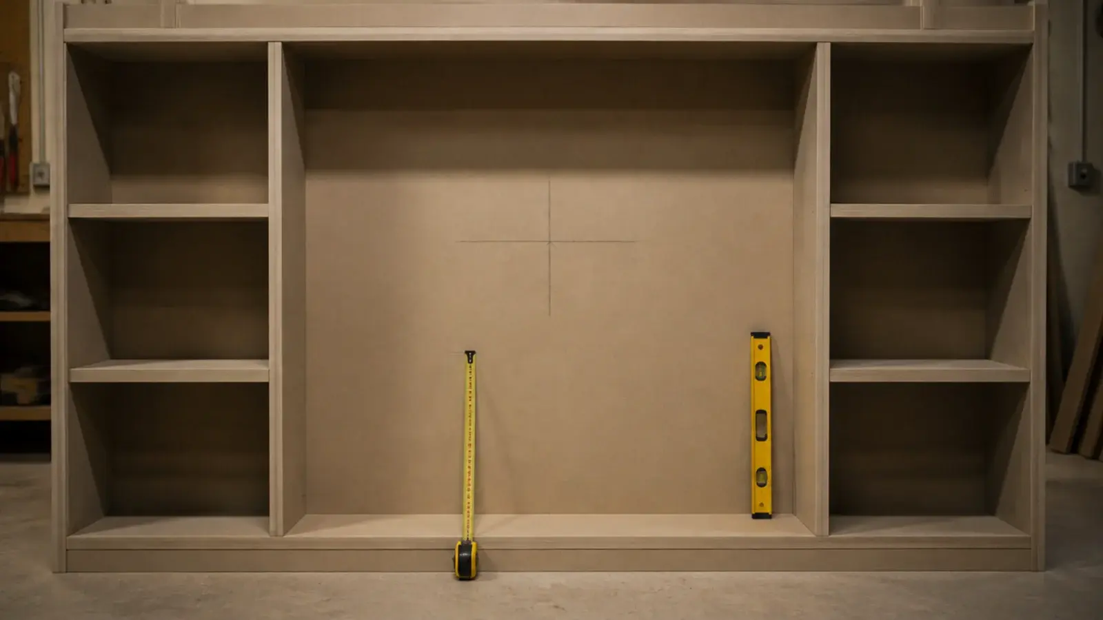 pencil mark on a wall unit showing the centre height of the screen