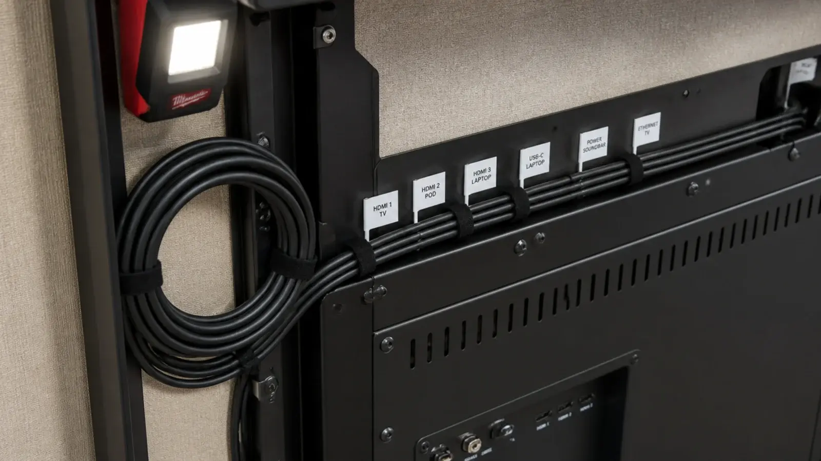 labelled cables bundled neatly behind the rear panel of a wall unit