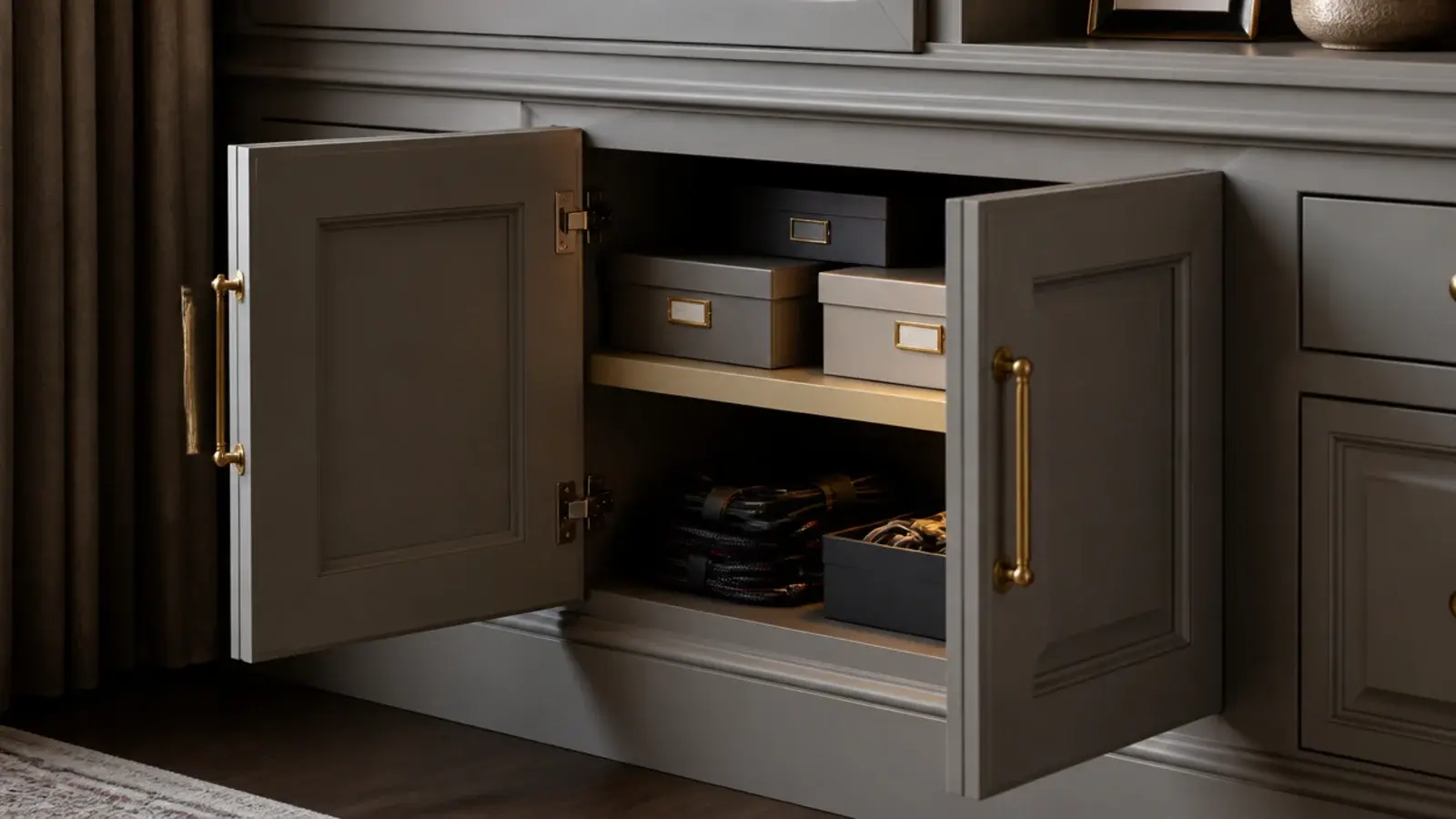 cupboard doors open showing tidy boxed storage inside a wall unit