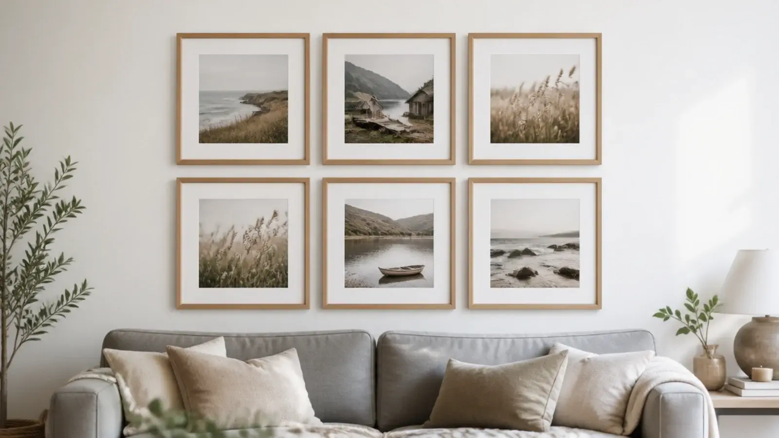 grid of six matching oak frames hung in even rows above a sofa