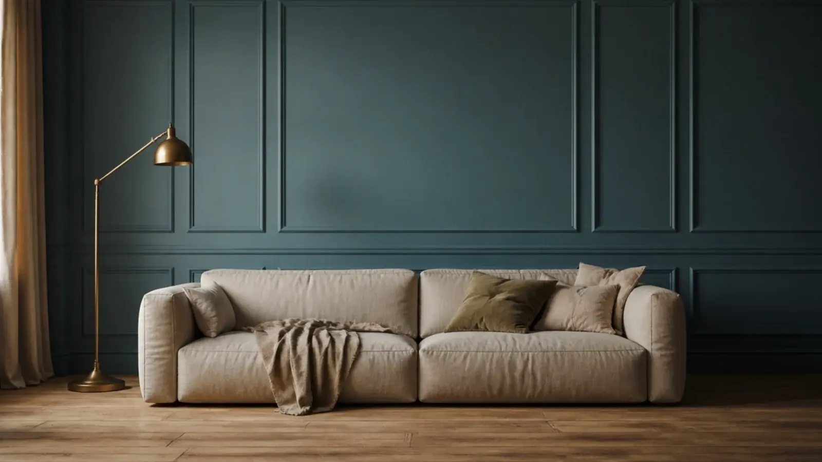 painted panelling behind a sofa with no artwork hung on it