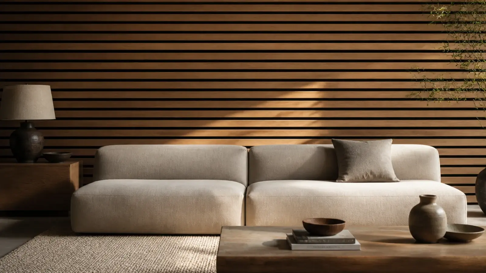 horizontal timber slats running the full width behind a low sofa