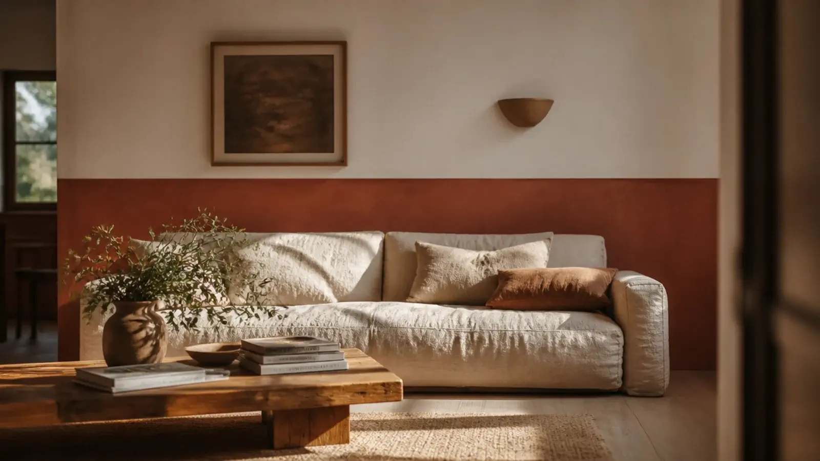 wall painted in two tones with the break just above a sofa back