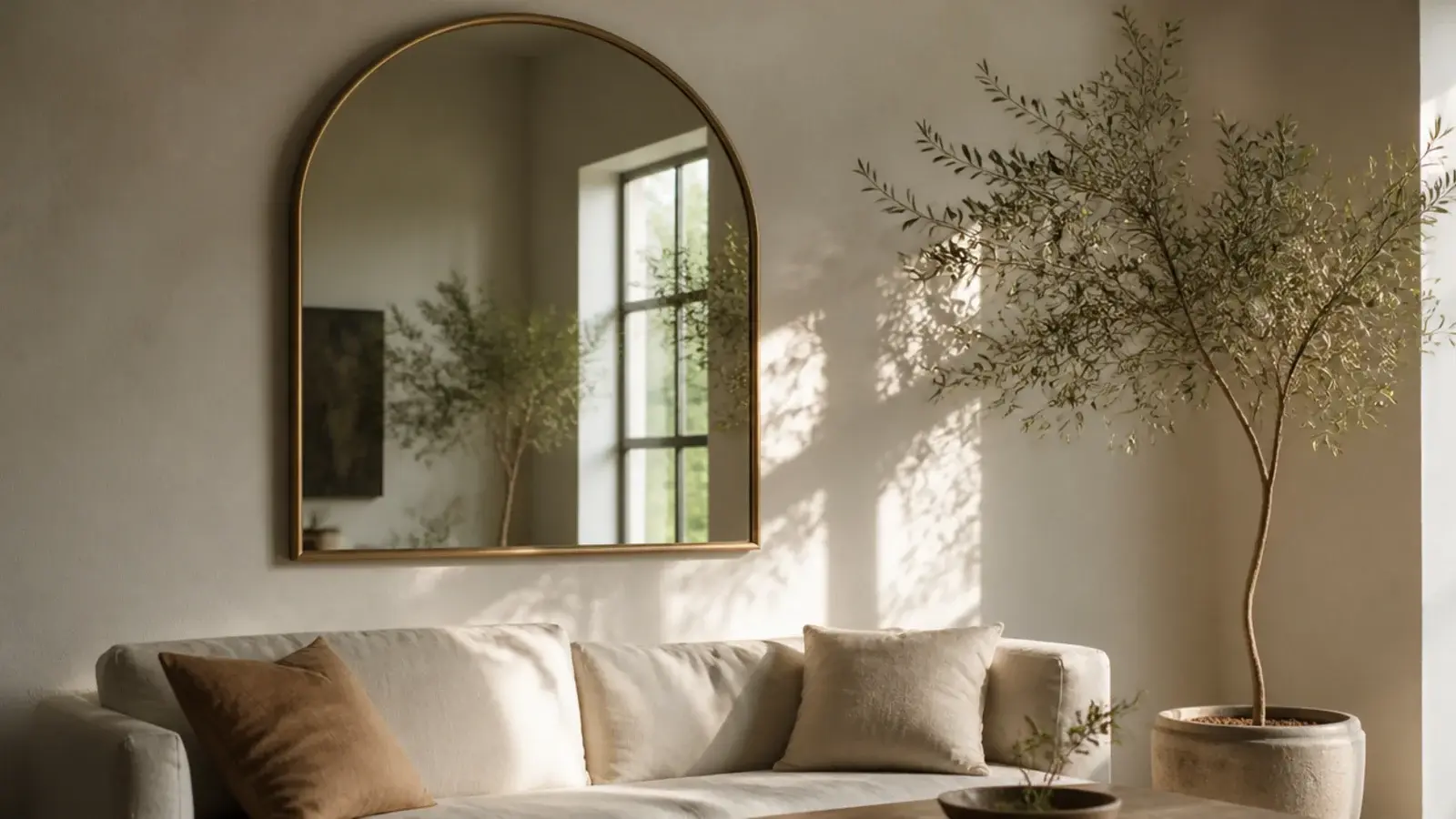 large arched mirror above a sofa reflecting a window opposite