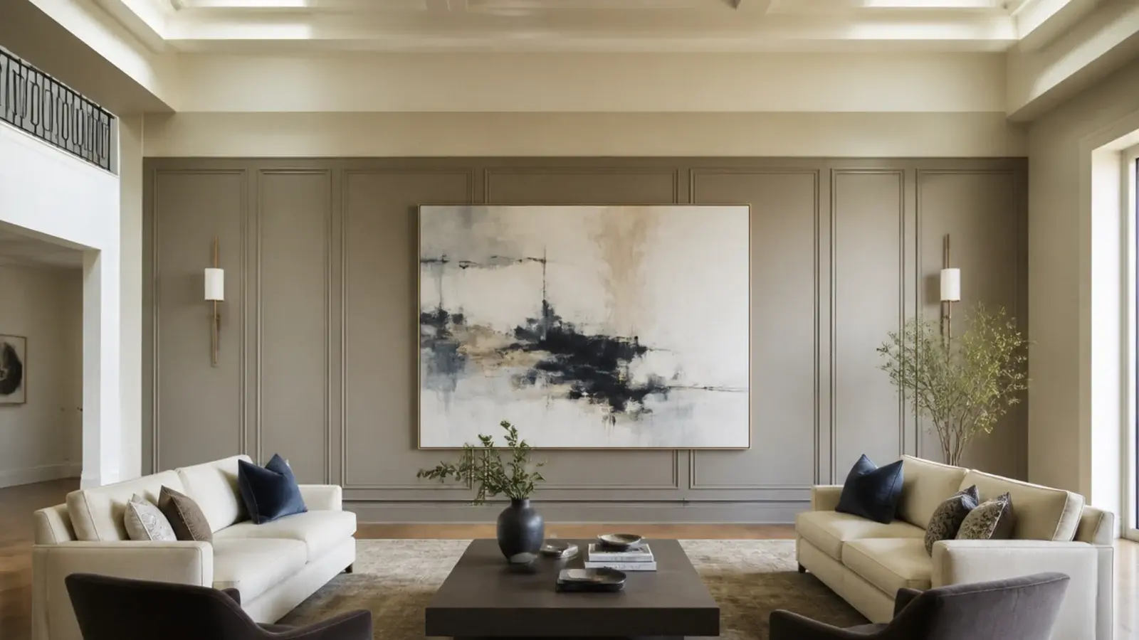 single wide panel treatment spanning an unusually broad living room wall
