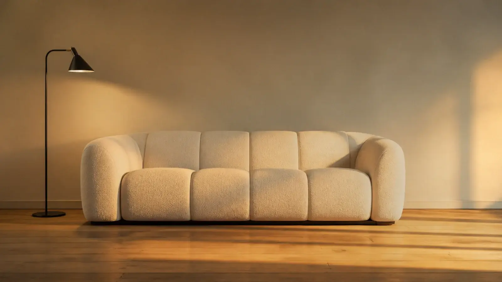 deliberately bare wall above a sculptural sofa in a calm room