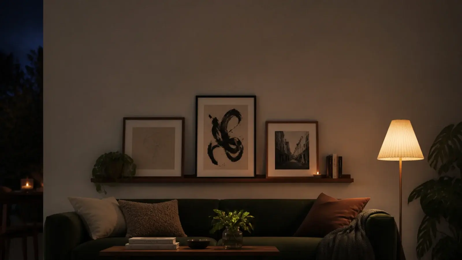 tall view of sofa back wall design with a ledge and leaning prints