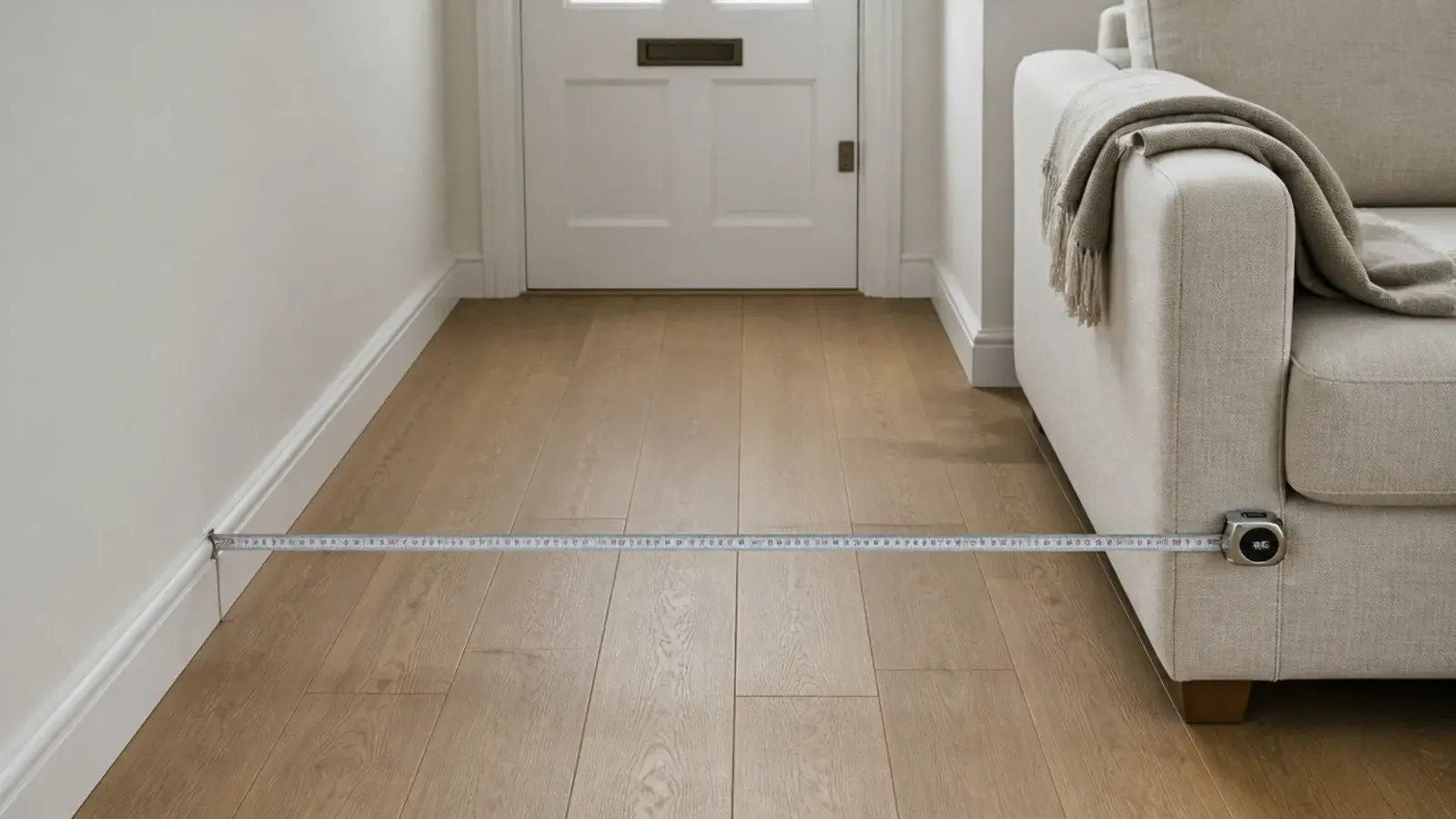 tape measure stretched across a narrow living room floor to the sofa