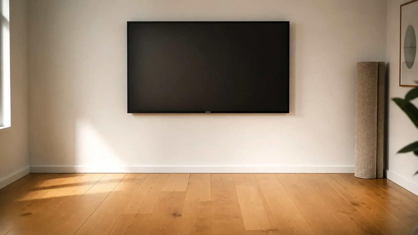 clear floorboards beneath a wall mounted screen with no media stand