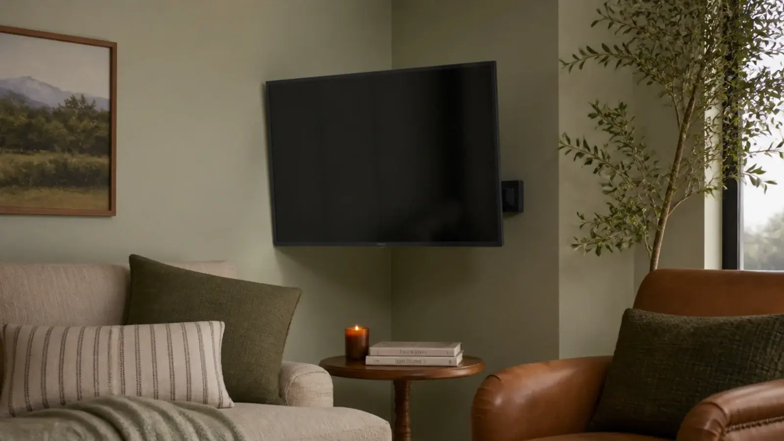 corner mounted television angled into a compact square sitting room
