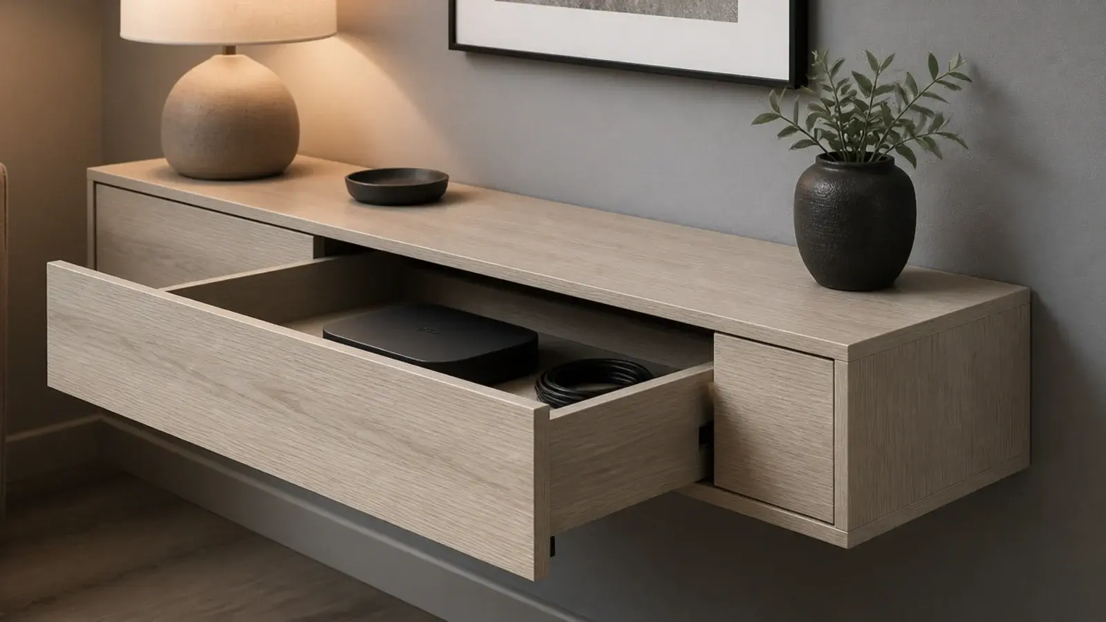 shallow wall hung media cabinet holding a soundbar and streaming box