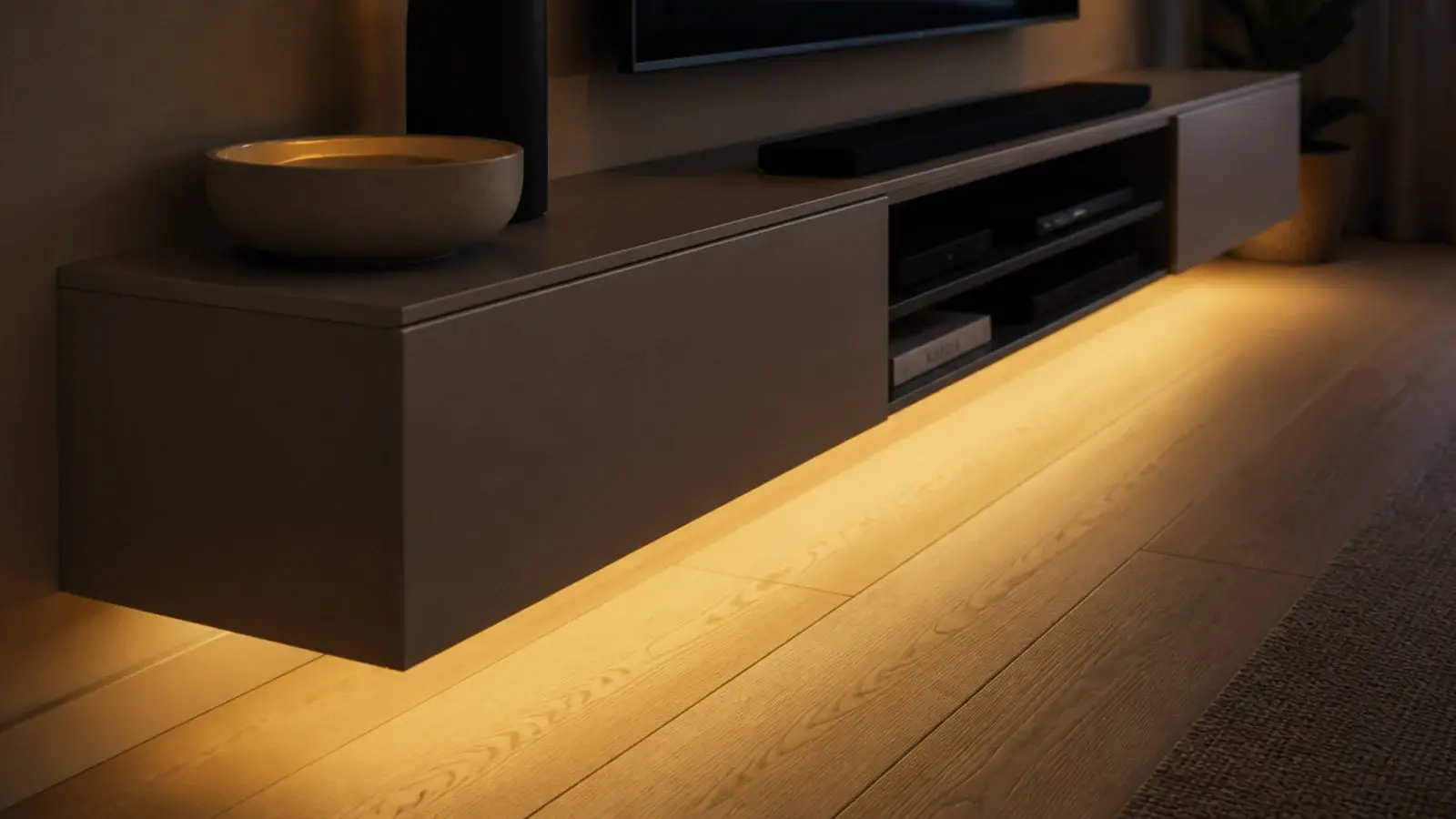 warm strip light glowing beneath a wall hung media unit at night