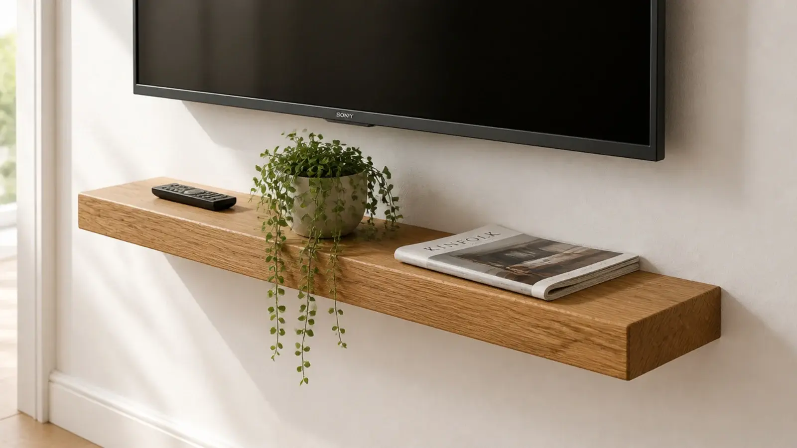 slim timber ledge below a screen holding a remote and small plant
