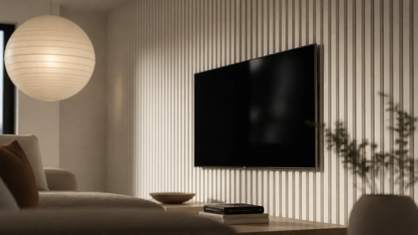 narrow vertical battens drawing the eye up a low ceilinged room