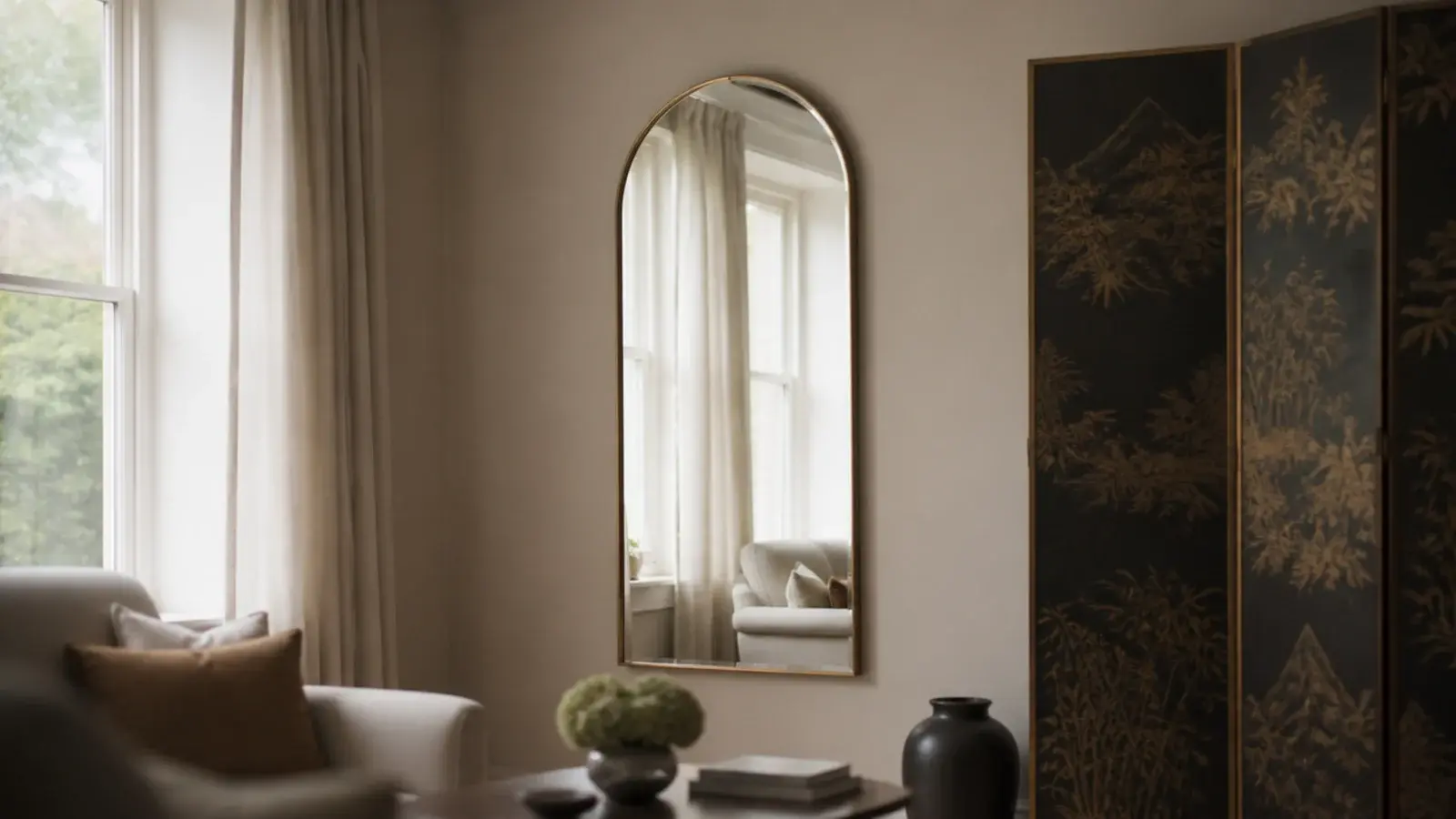 tall arched mirror on a side wall bouncing daylight into a compact room