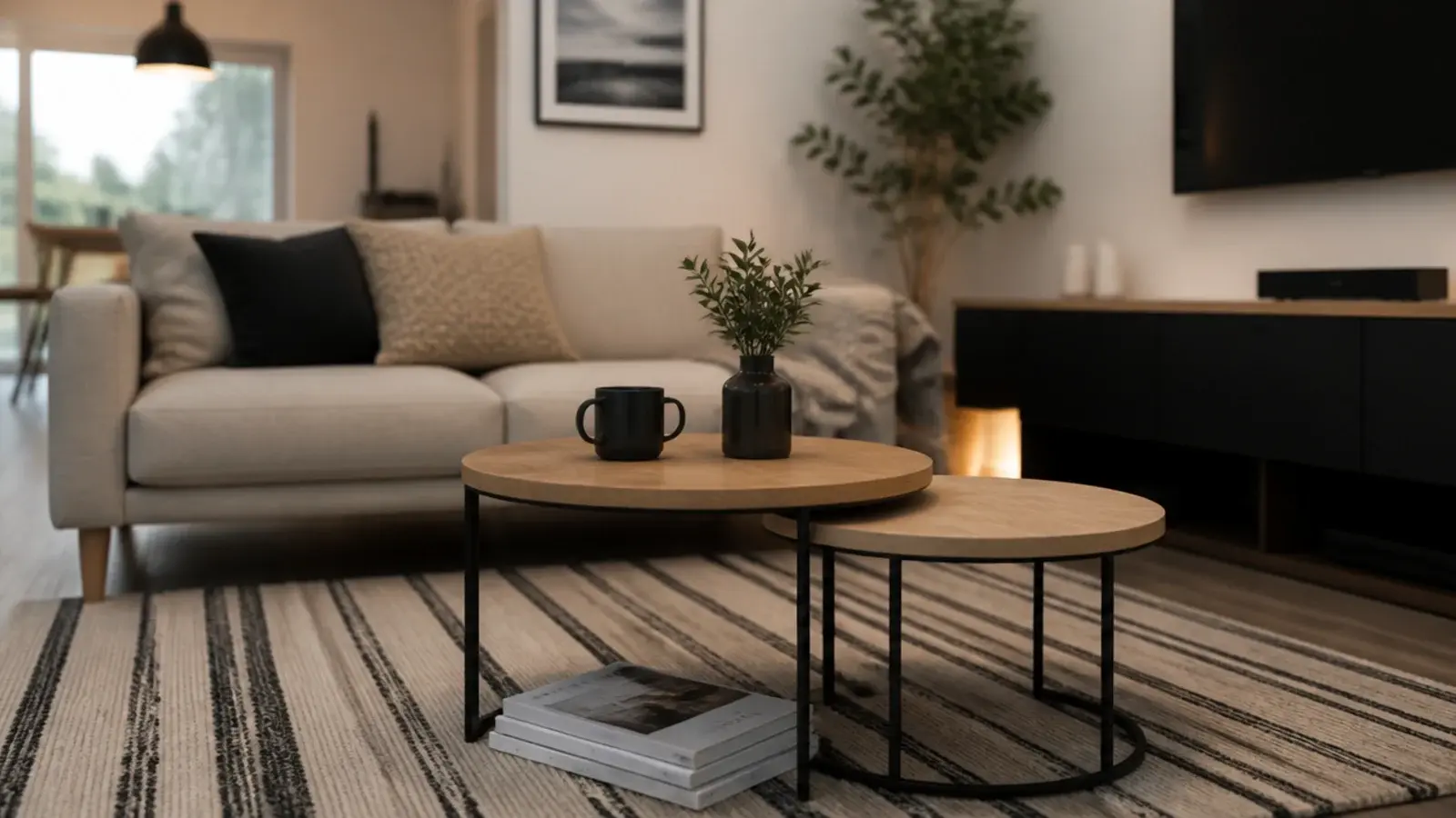 two small nesting tables tucked together in front of a compact sofa
