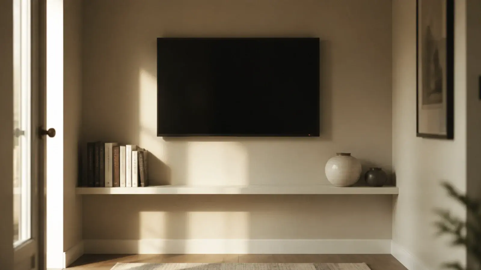 single long shelf spanning a whole wall beneath a mounted screen
