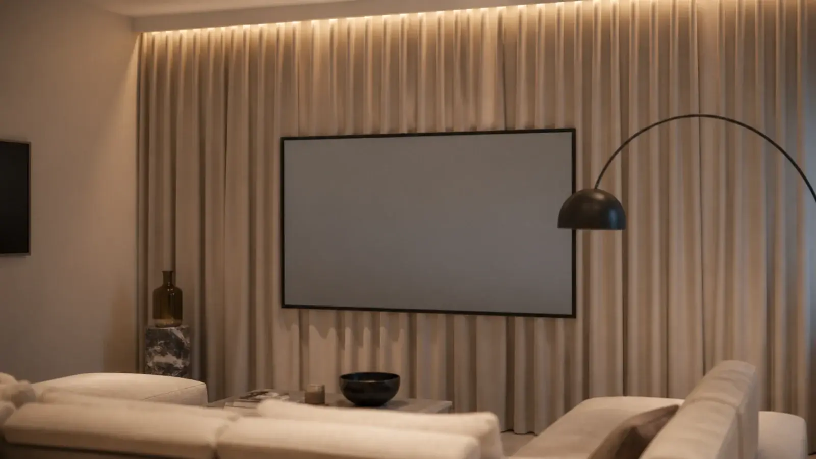 floor to ceiling curtain running behind a screen in a small flat