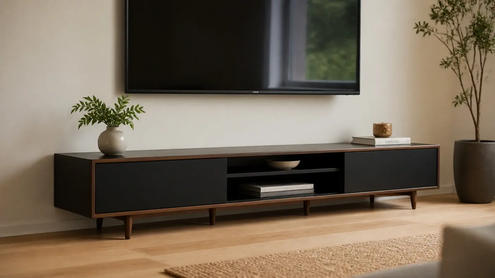 media unit on slim tapered legs showing floor continuing underneath