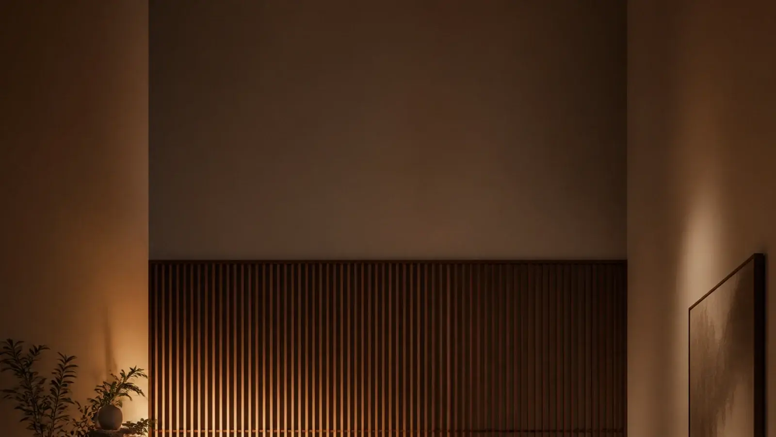 tall view of a small living room tv wall with slats and floating cabinet
