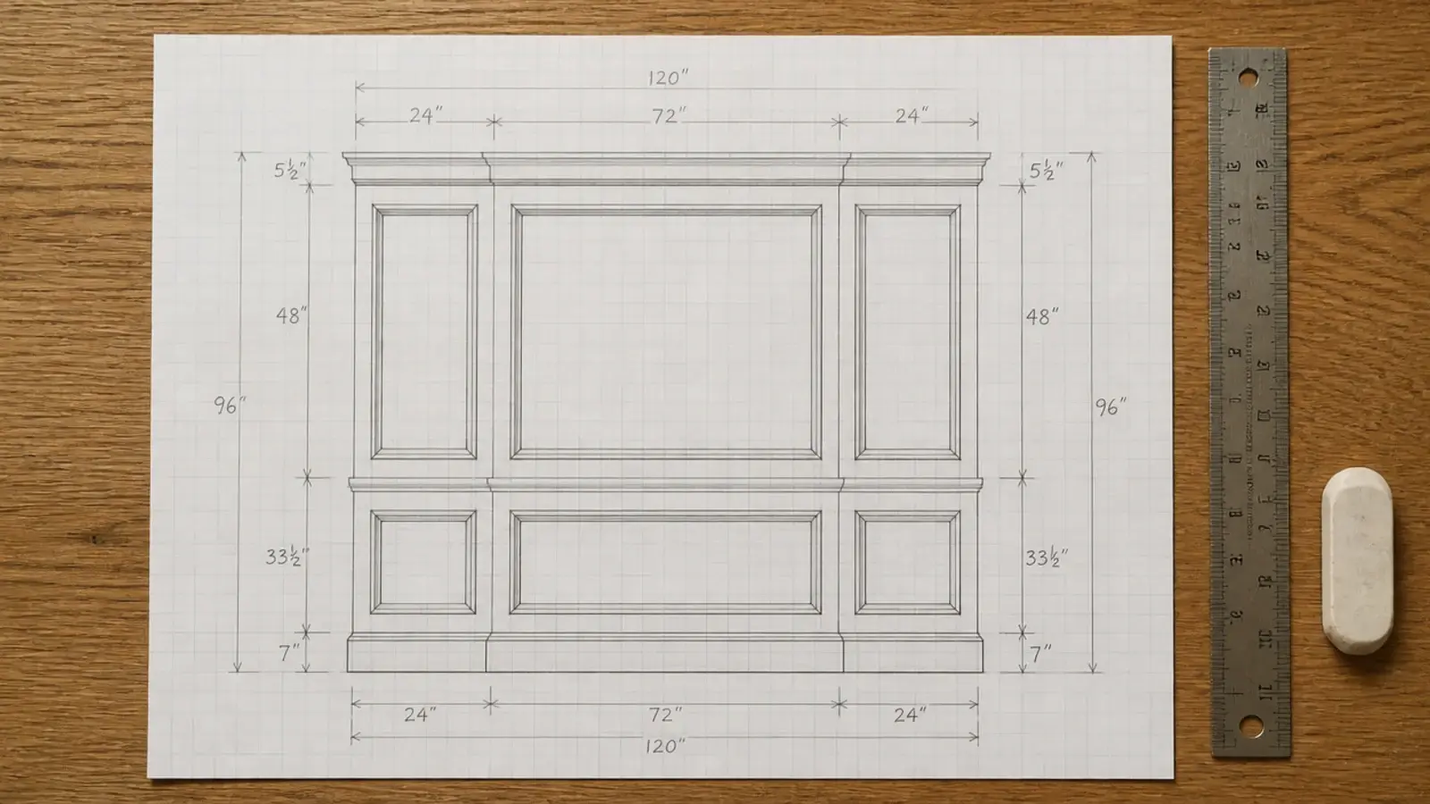 sketched wall elevation with panel spacing dimensions marked in pencil