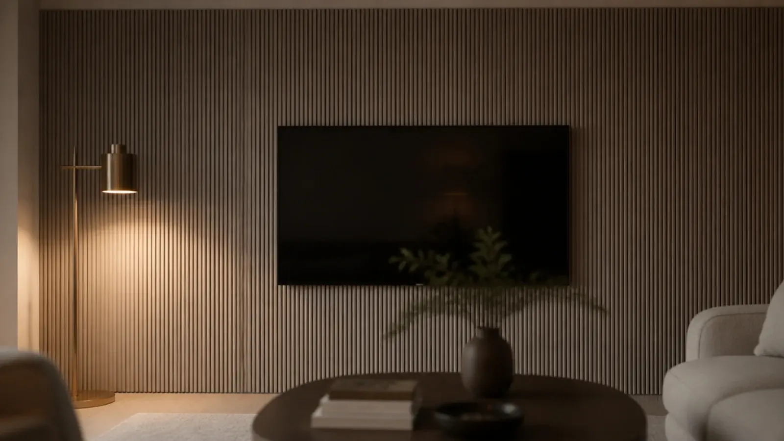 floor to ceiling fluted panelling running behind a media wall