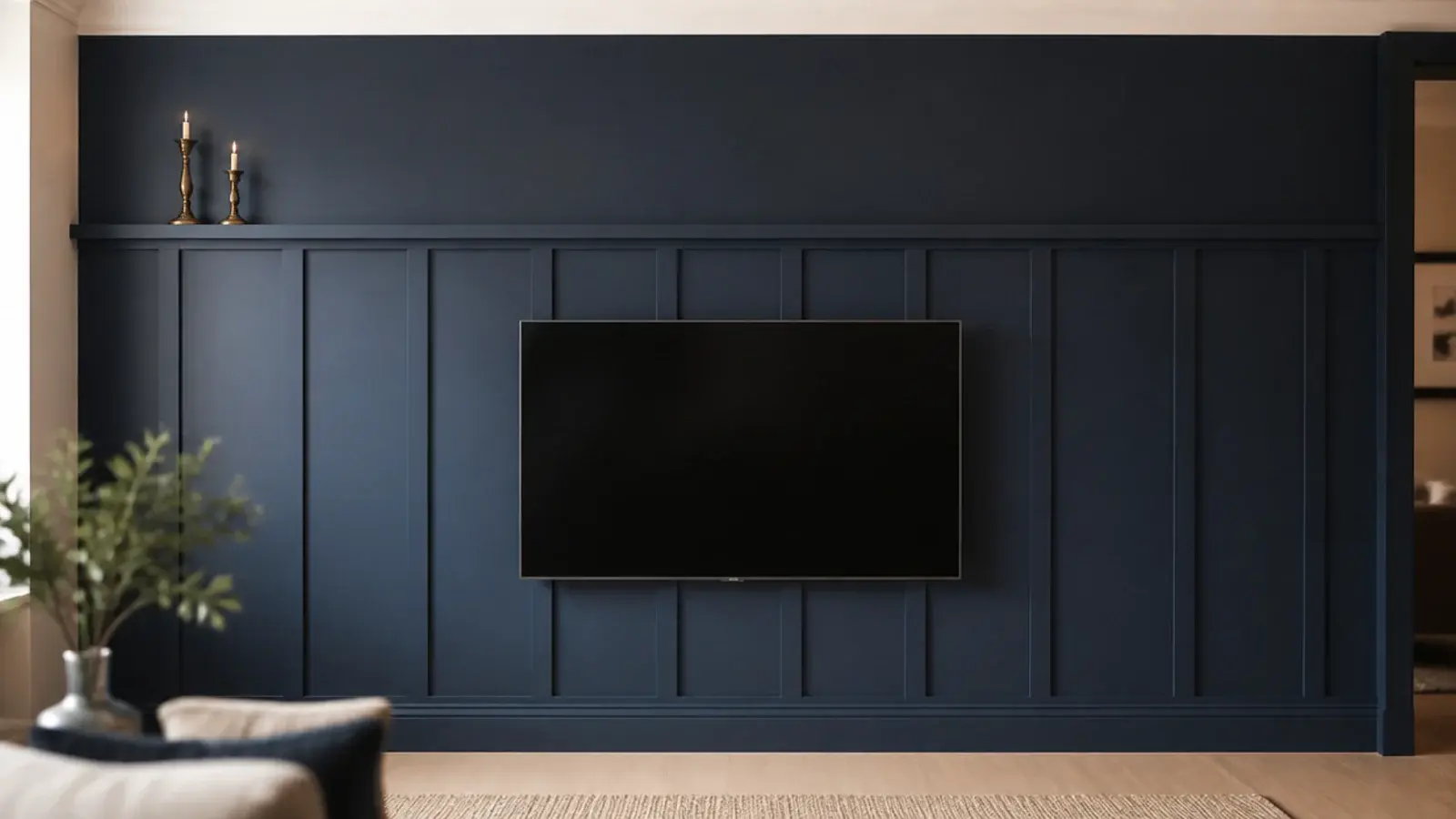 painted board and batten panelling running full height behind a television