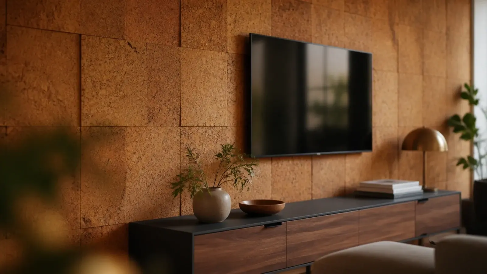 natural cork wall tiles in warm amber tones behind a media console