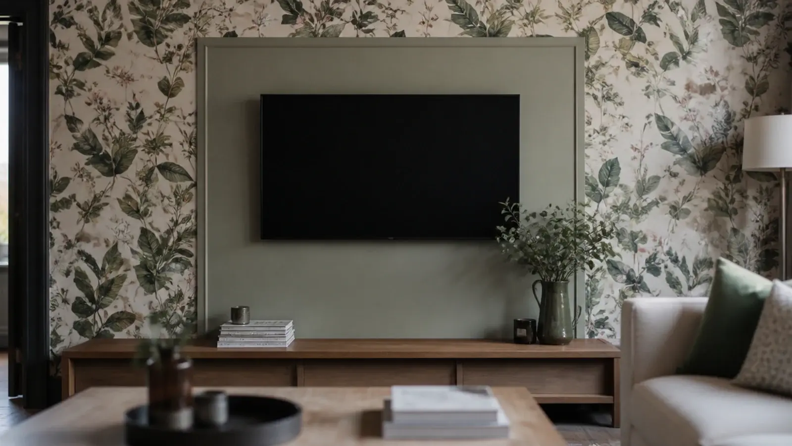 patterned wallpaper wrapping a wall with a plain painted screen panel