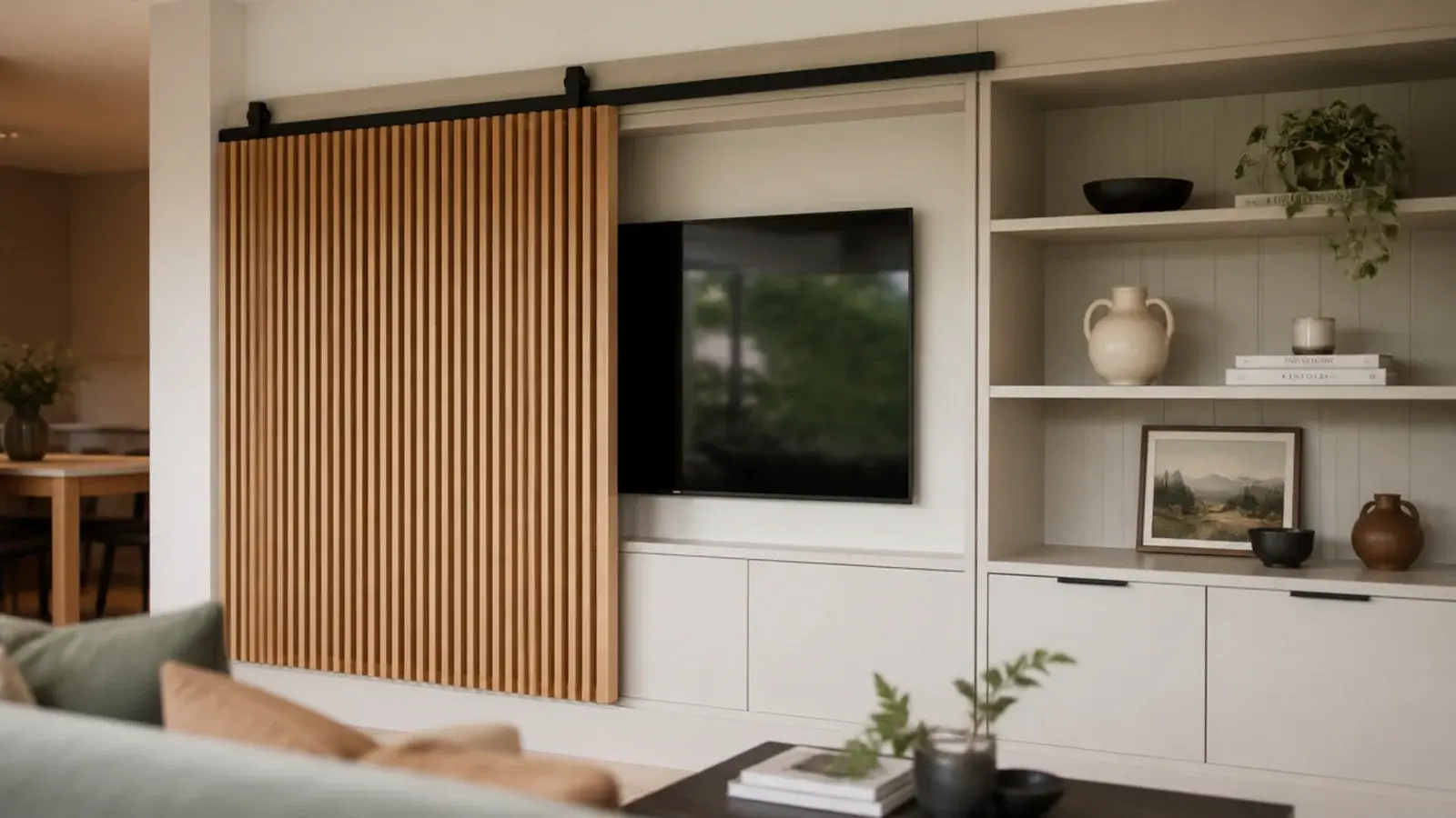 sliding timber panel half drawn across a recessed wall mounted television