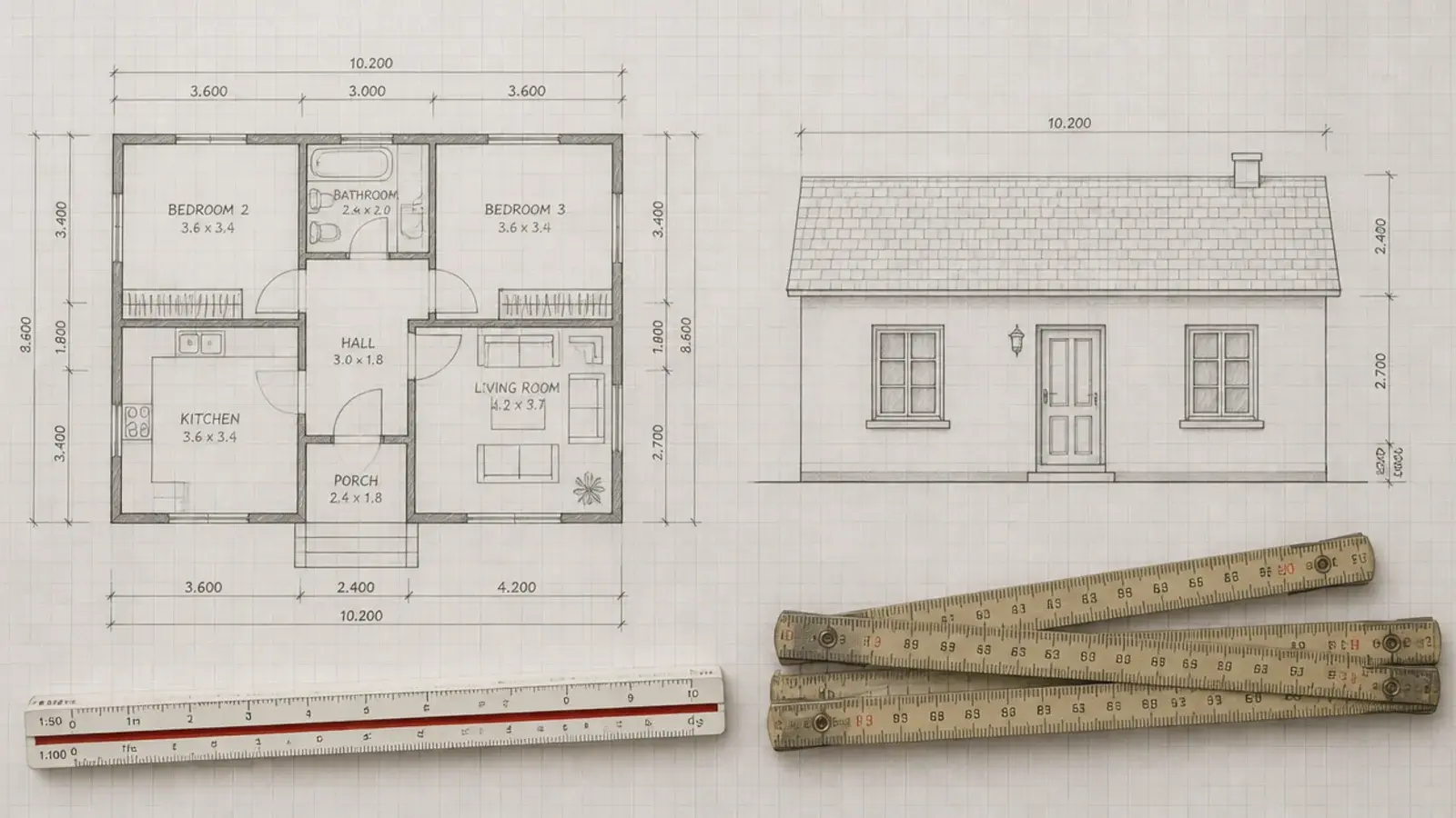floor plan and wall elevation sketched together on graph paper