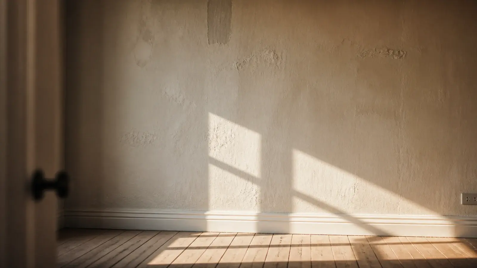 raking evening light moving across a bare living room wall