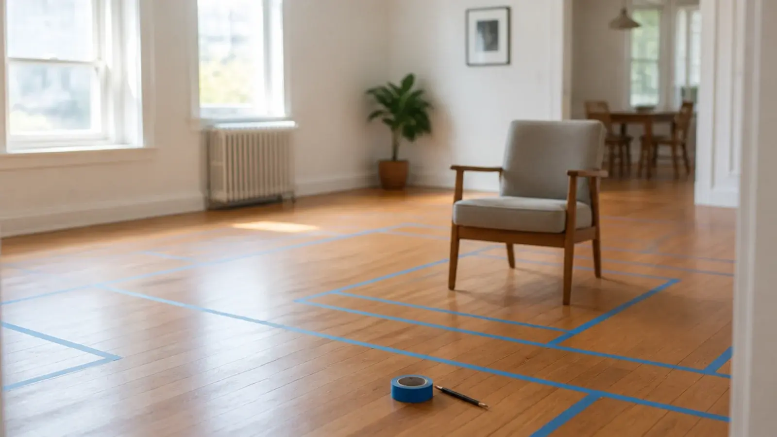 furniture positions marked in tape on a bare living room floor