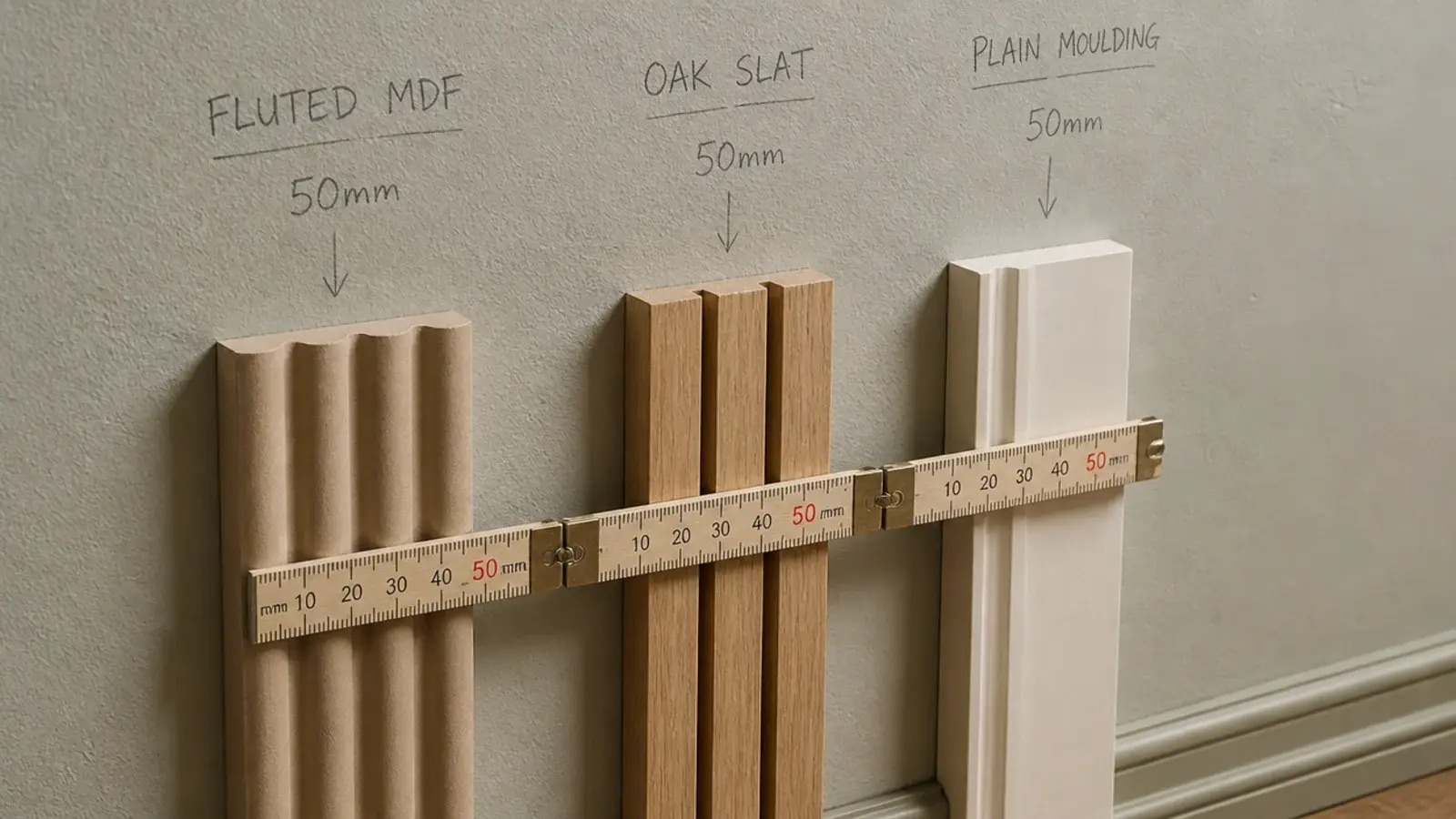 panel and finish samples compared for thickness against a wall