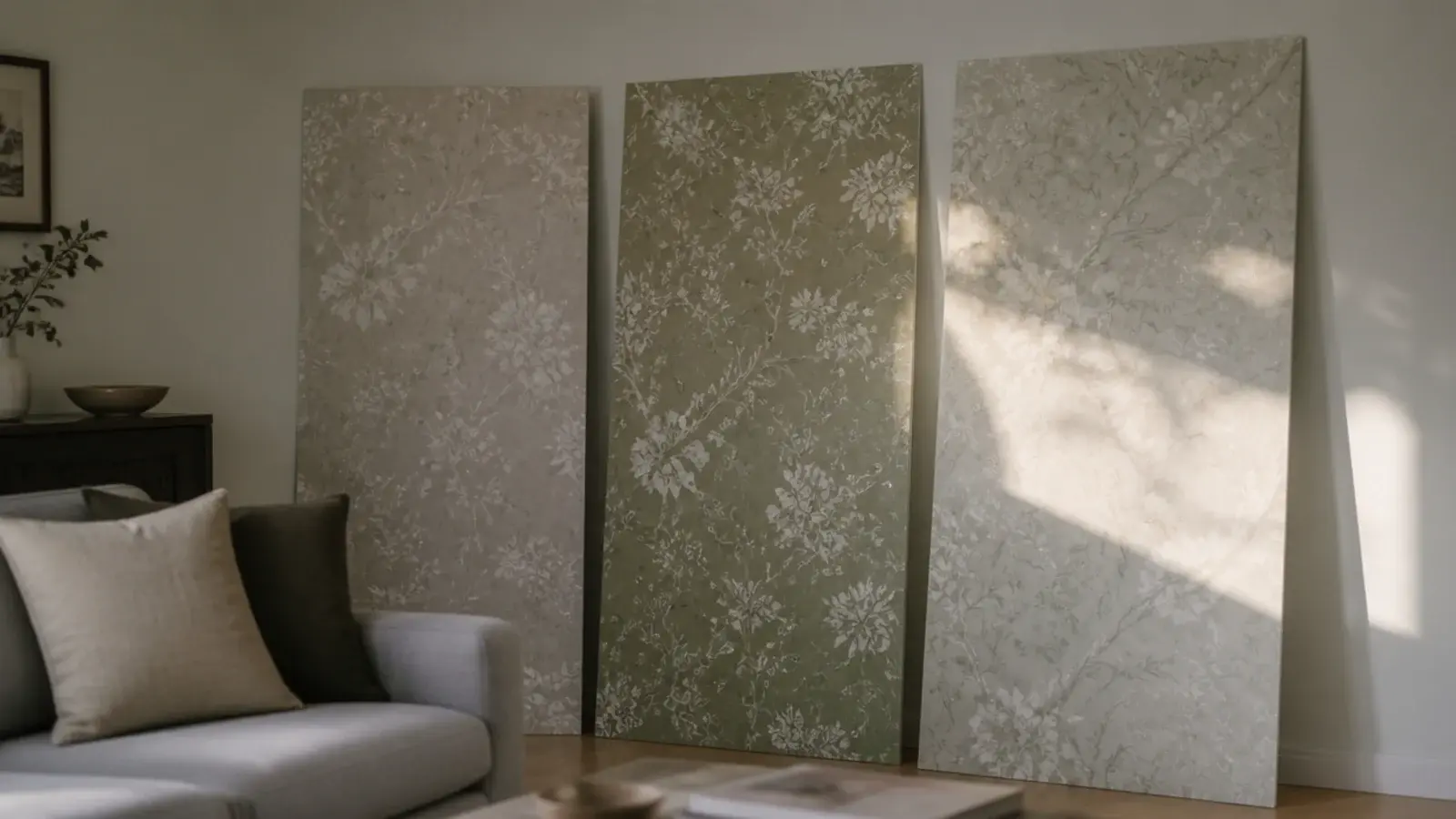 large painted lining paper samples propped at different points in a room