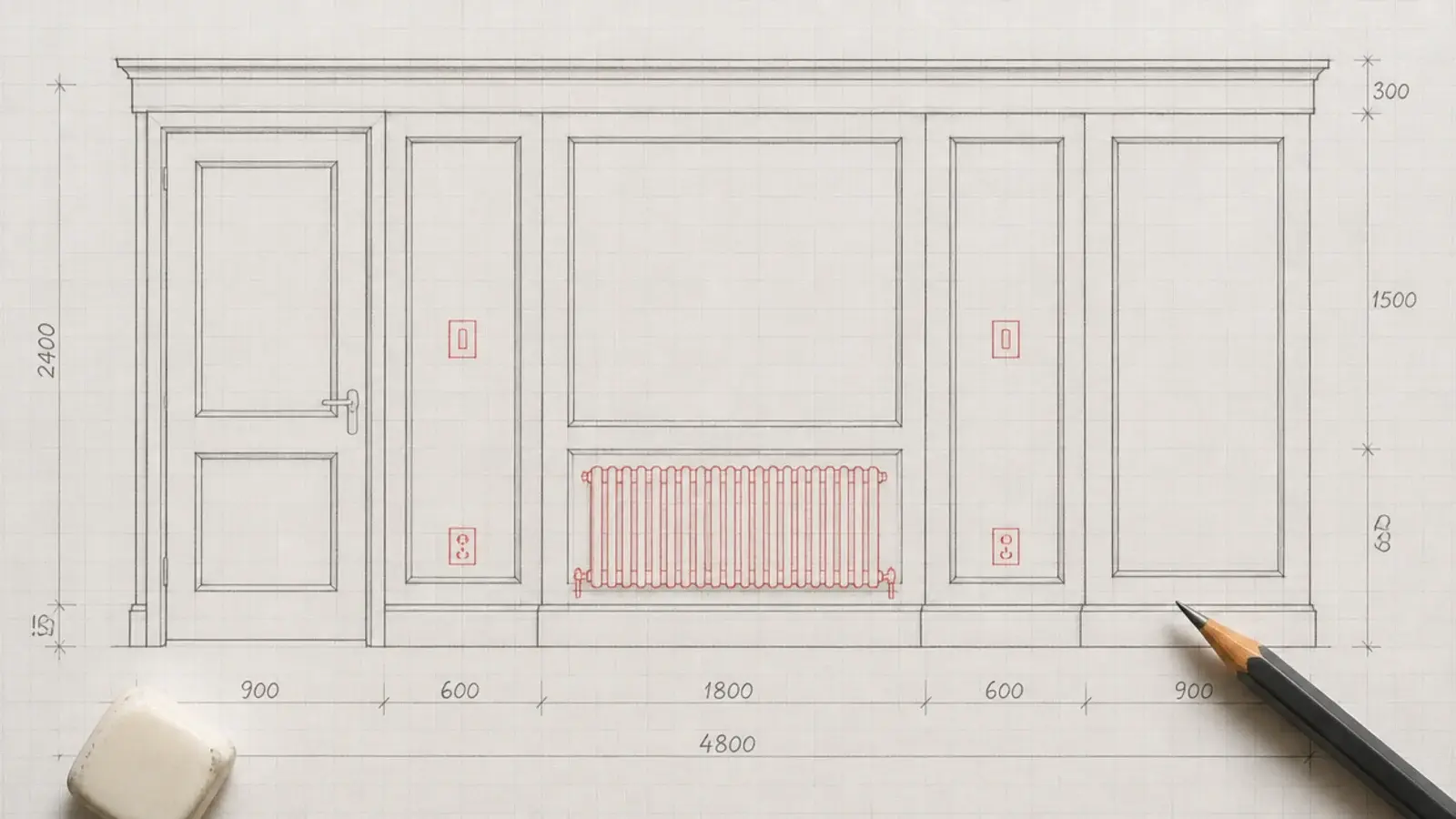 services marked in red pencil across a scale wall elevation drawing