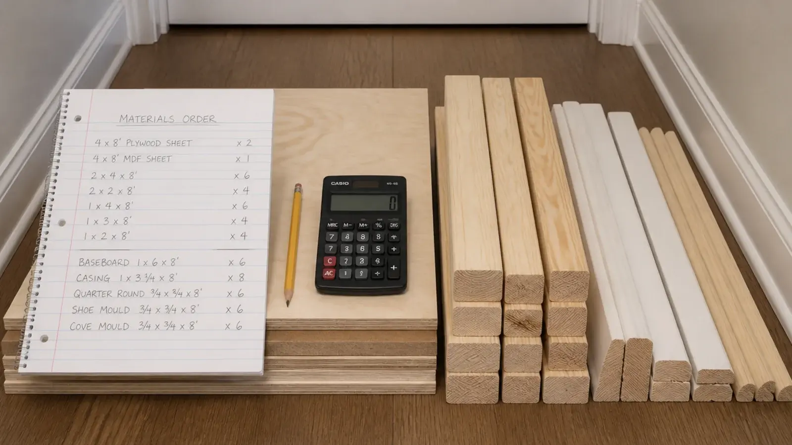 materials order list written out beside stacked sheet timber