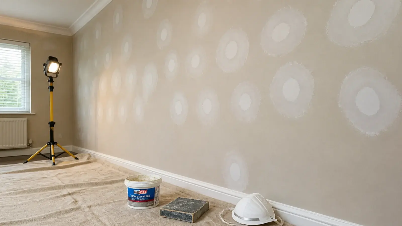 filled and sanded patches drying across a prepared living room wall