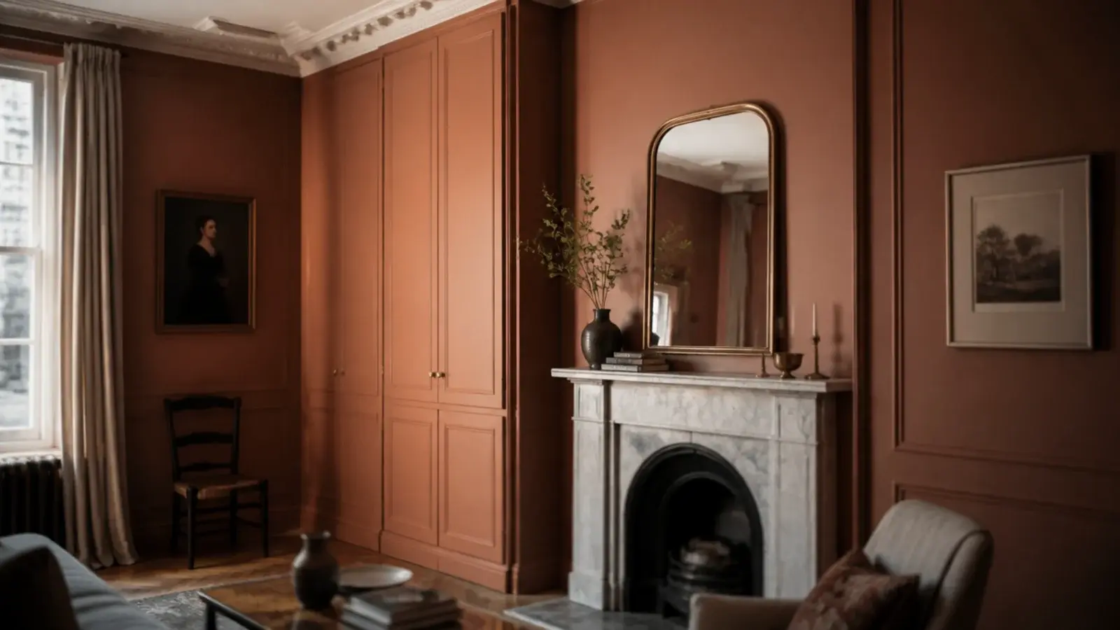 tall molding boxes running the full height of a period living room