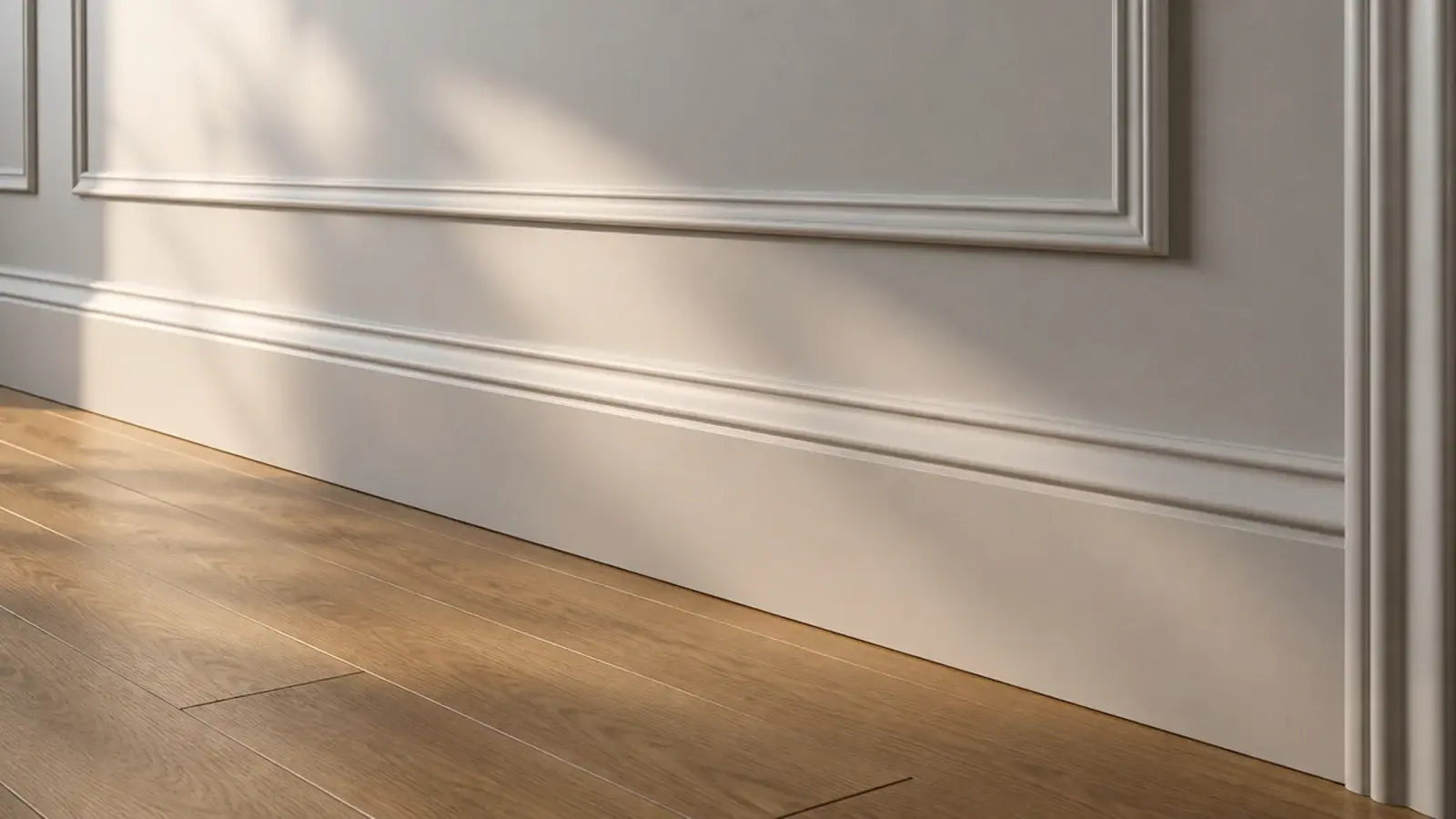 tall skirting board sitting below molding boxes on a painted wall