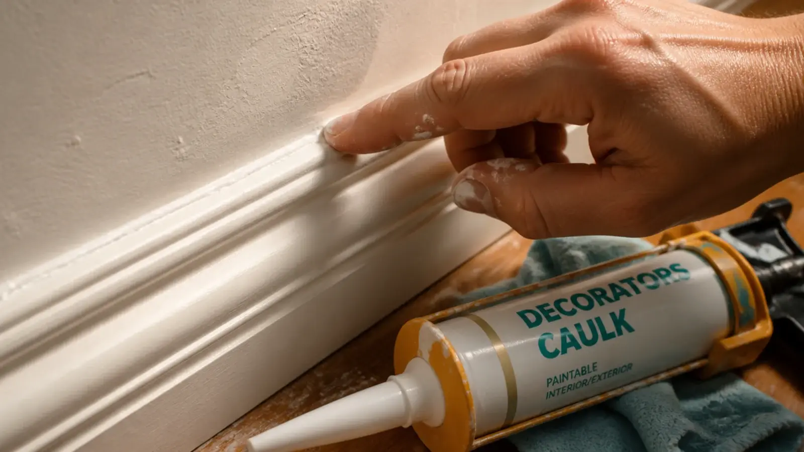 caulk bead being smoothed where molding meets the plaster wall