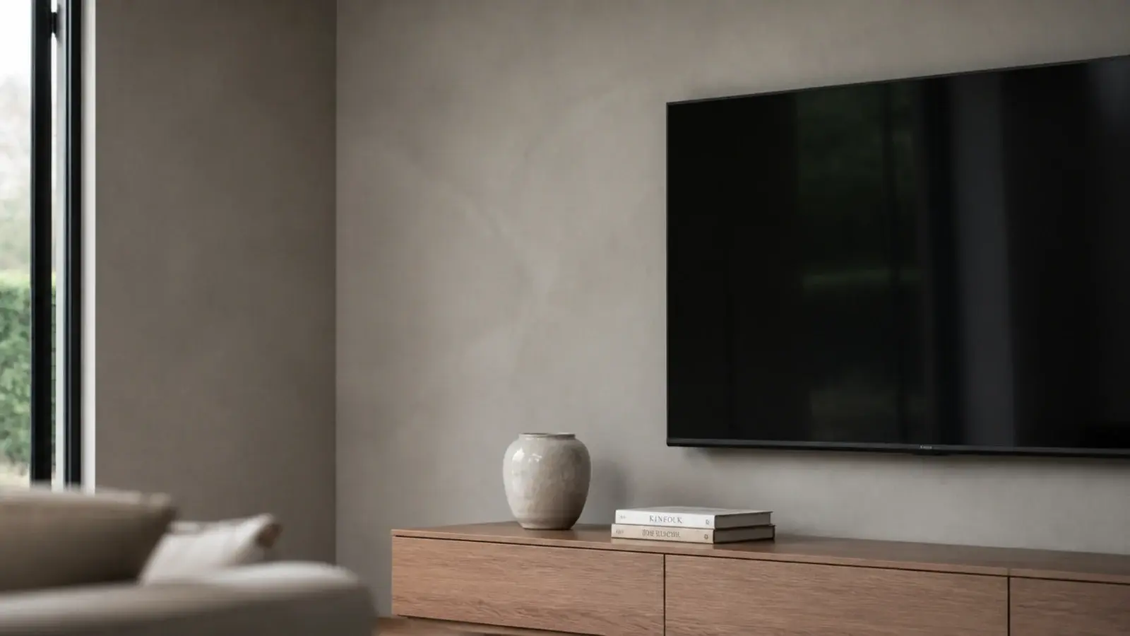 micro cement wall in warm grey with no joints or seams visible