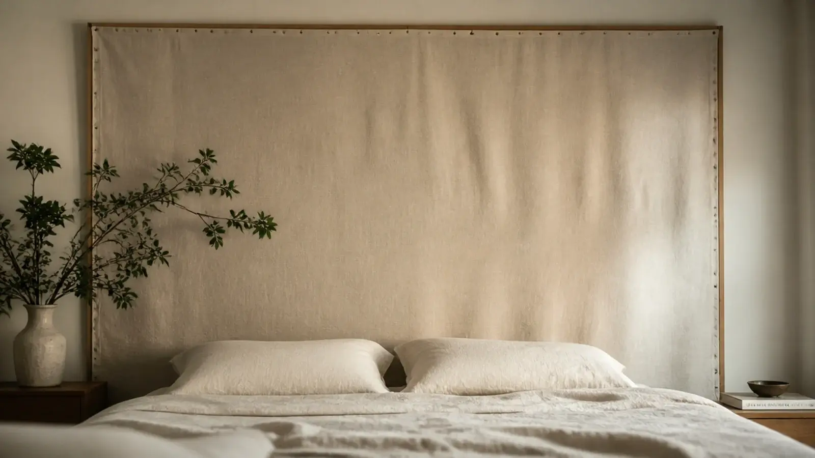 linen fabric stretched flat across a wall on a slim batten frame