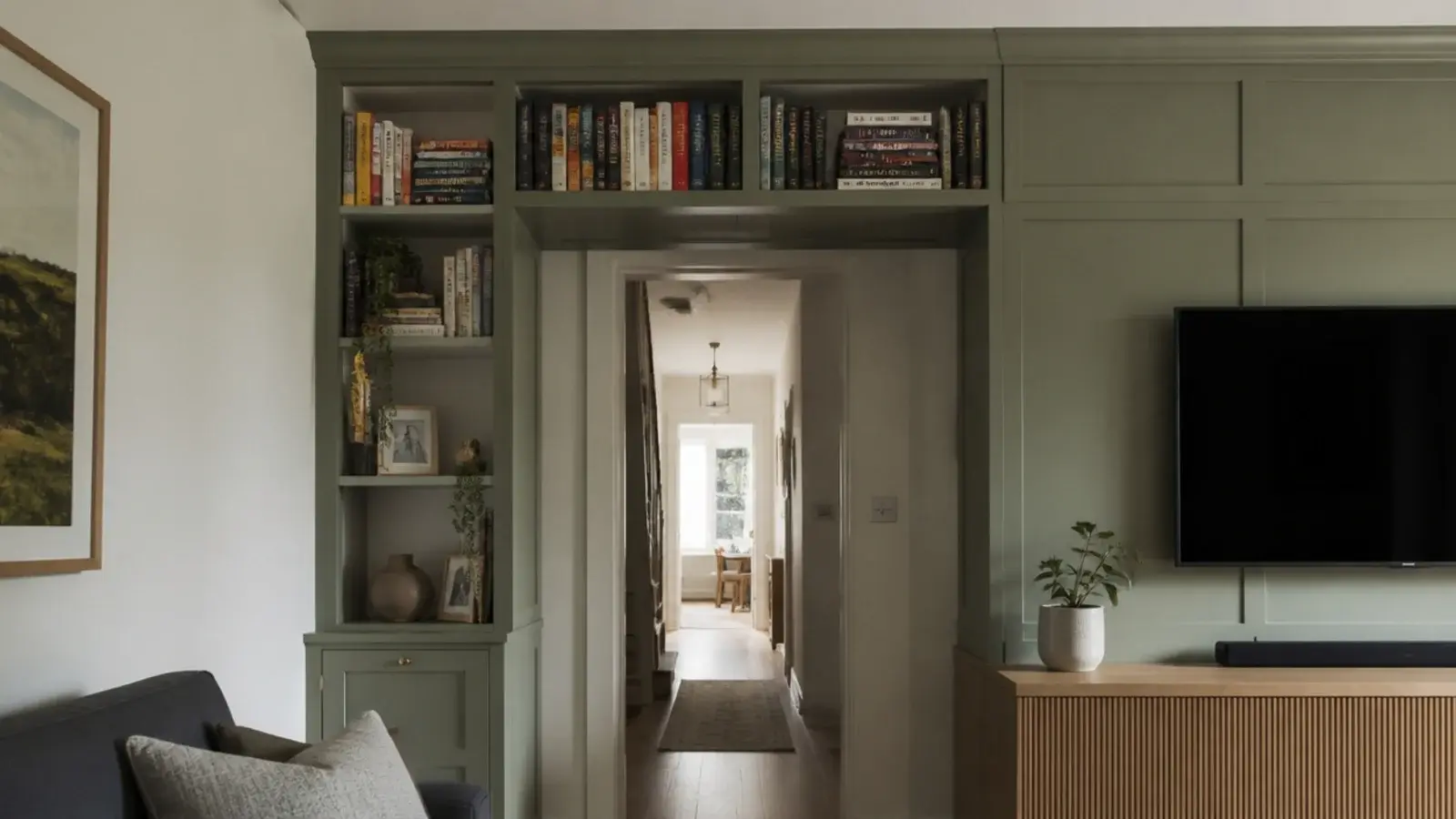shallow storage bridge spanning above an internal doorway opening