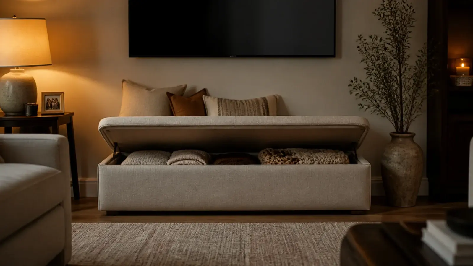 low upholstered bench with lift up seat set below a mounted screen