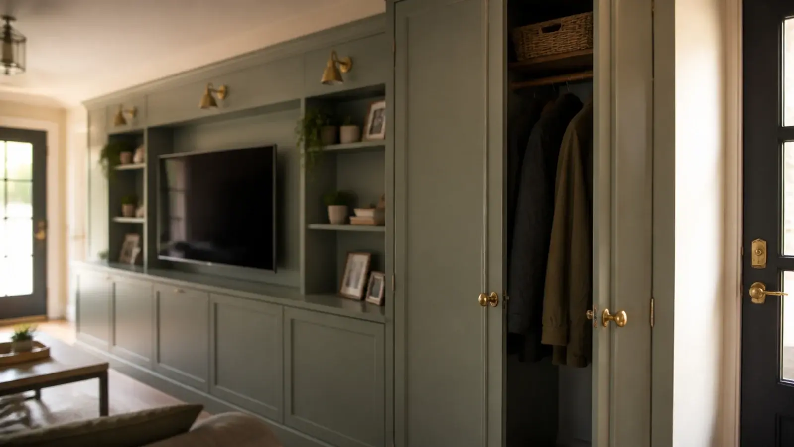 tall coat cupboard built into the end of a media wall run