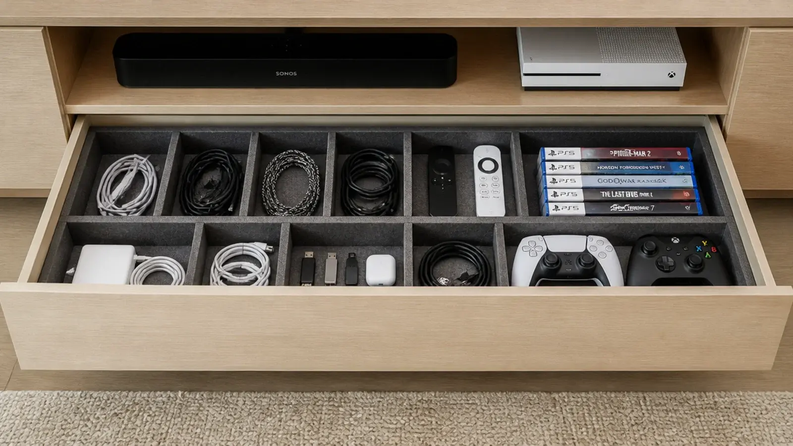 wide shallow drawer pulled open showing sorted cables and remotes